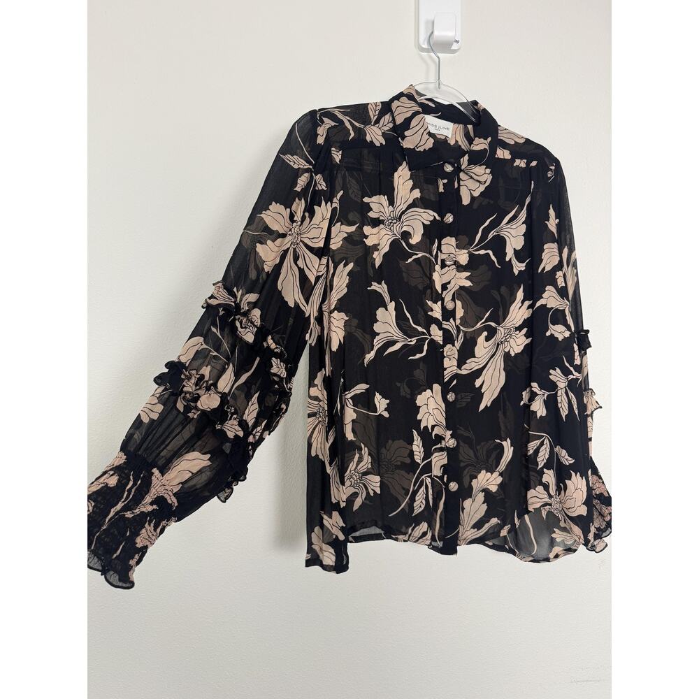 Miss June Paris Shirt Womens S/M Black Floral Sheer Ruffle Sleeve Boho